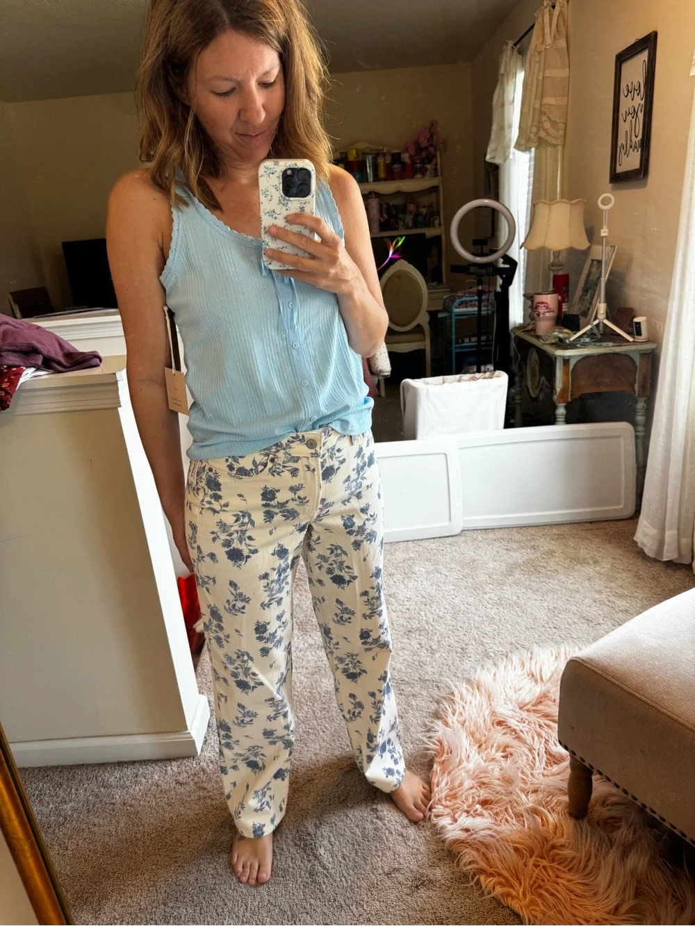 Old Navy Blue Floral curvy Heighway waisted loose jeans